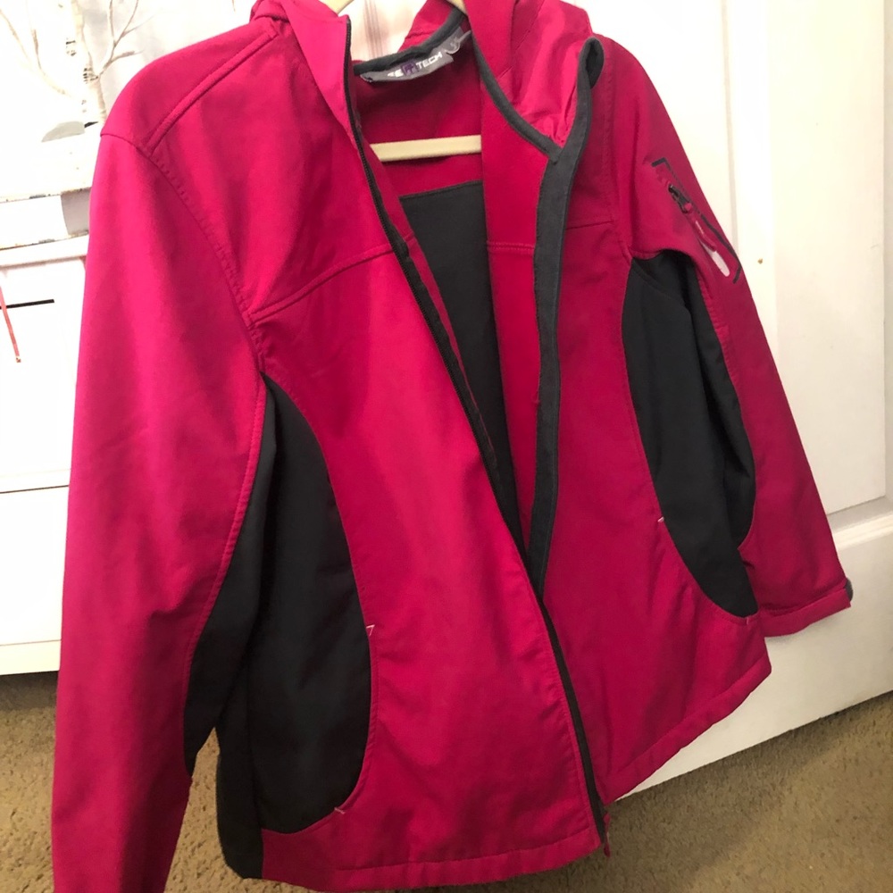 Pink and dark gray coat.